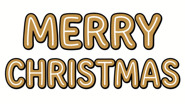 Merry christmas text styled like gingerbread cookies outlined in festive white and brown
