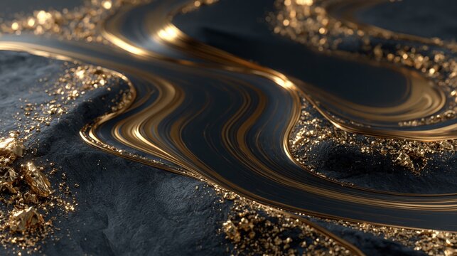 黒い岩肌を流れる金色の液体の背景
