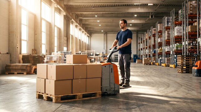 Male worker operating electric pallet jack with cardboard boxes in large sunlit warehouse industrial logistics and supply chain management concept