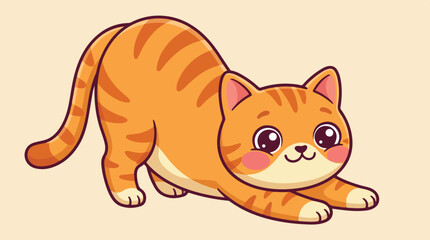 Fototapeta premium Cute cartoon orange tabby cat stretching playfully with big eyes.