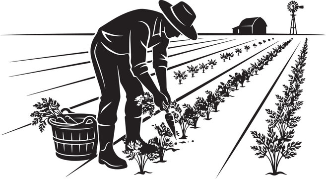 Farmer planting seedlings in a field, with a bucket silhouette 