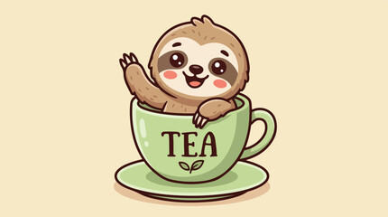 Fototapeta premium Cute cartoon sloth waving hello from inside a teacup with the word 