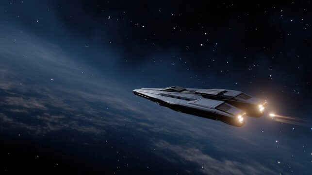 Massive Spaceship Towing Cargo in Deep Space Against Starry Background