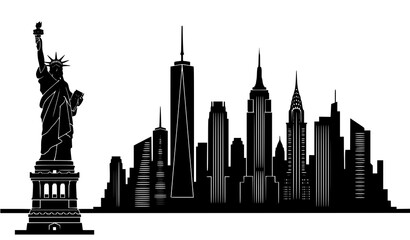 Obraz premium New York city skyline silhouette with Statue of Liberty vector minimalist Manhattan cityscape icon for business travel brochure