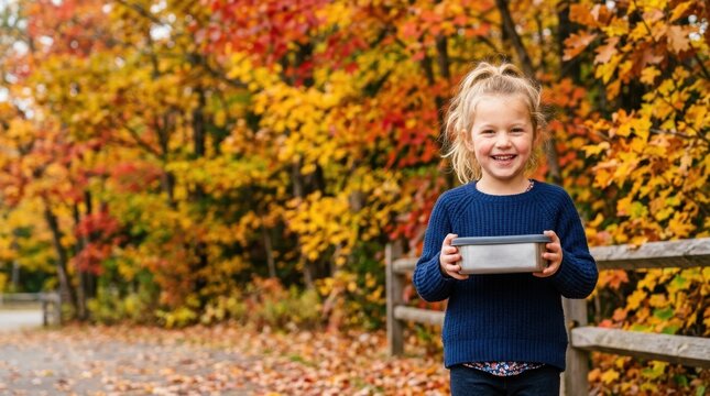 Happy Girl Holding Tablet in Autumn Forest Scene.
