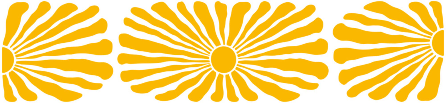 Sun background, groovy summer pattern. Boho shape ray, abstract retro sunburst, radial yellow light wave bg. Shine texture isolated. Cute vector illustration