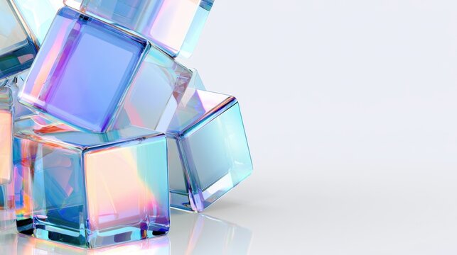 Iridescent glass cubes with prismatic reflections and clean copy space for futuristic technology design