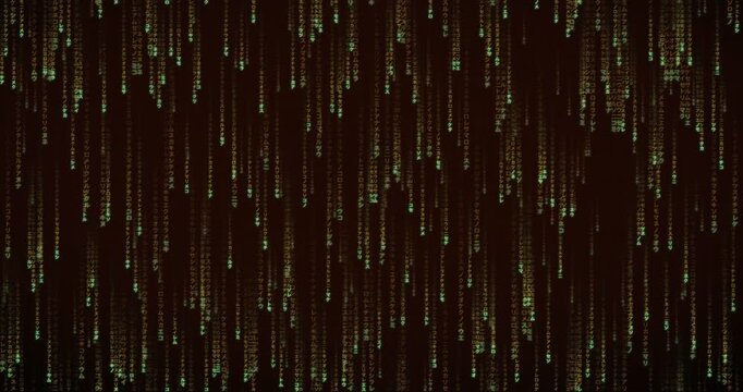 Japanese katakana characters cascade down in a dense code storm animation with radiant phosphor glow.