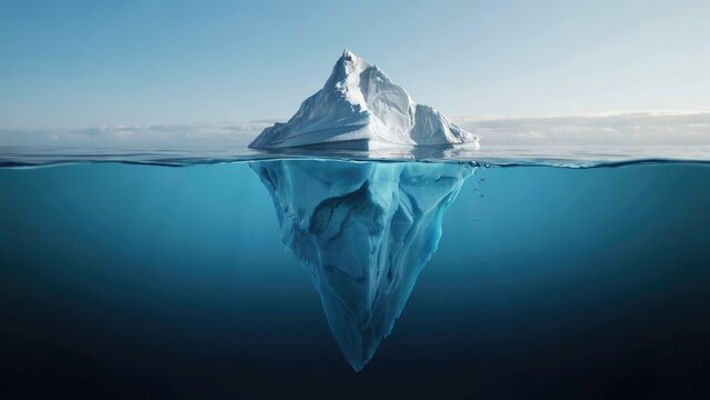 Iceberg floating in the ocean, split view above and below water level