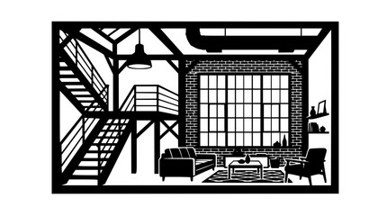 Modern industrial loft interior silhouette with stairs and living room © Aisyah