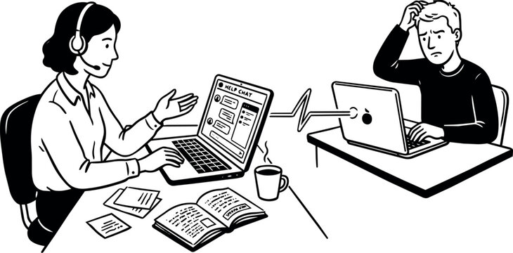 Customer service representative assisting a confused client through online chat on laptops