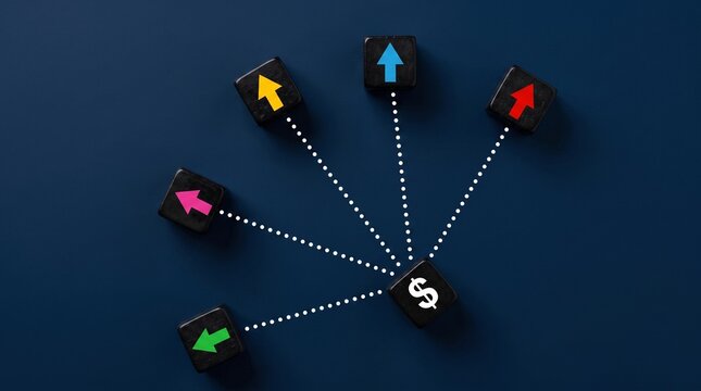Financial Multi Directional Investment Arrows from Dollar Block

