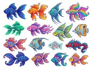 Obraz premium A collection of colorful hand drawn decorative fish illustrations.