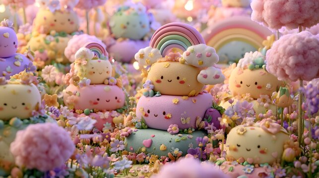 A magical pastel dream garden featuring stacked rounded geometric sculptures decorated with smiling kawaii faces, tiny flowers, hearts, rainbows, stars, floating clouds, butterflies.