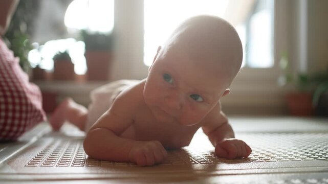 Adorable newborn baby practicing tummy time on a changing mat, developing strength and motor skills as he tries to lift and hold his head, showing determination and progress
