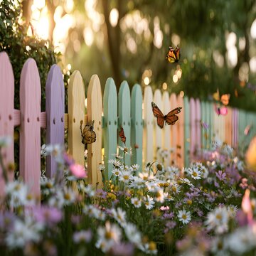 A charming spring garden featuring a handcrafted pastel wooden picket fence painted in blush pink, lavender, butter yellow, mint green, cream, and soft peach.