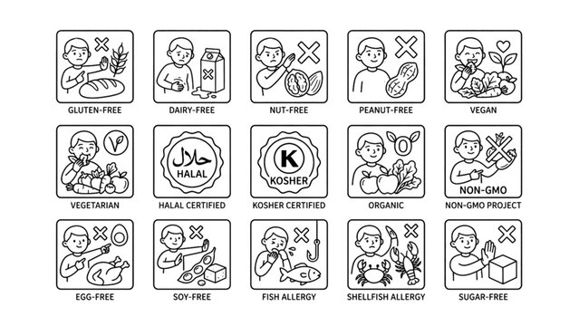 Dietary Restriction and Food Allergy Character Icons Set &ndash; Gluten Free, Vegan, Halal, Kosher, Organic, Non GMO, Black Outline Vector Collection