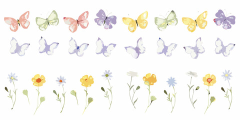 Watercolor butterflies and wildflowers collection on a white background butterfly © Smritykona