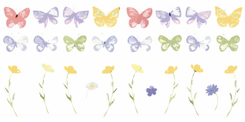 Watercolor Butterflies And Wildflowers With Delicate Hues On White Background © Smritykona