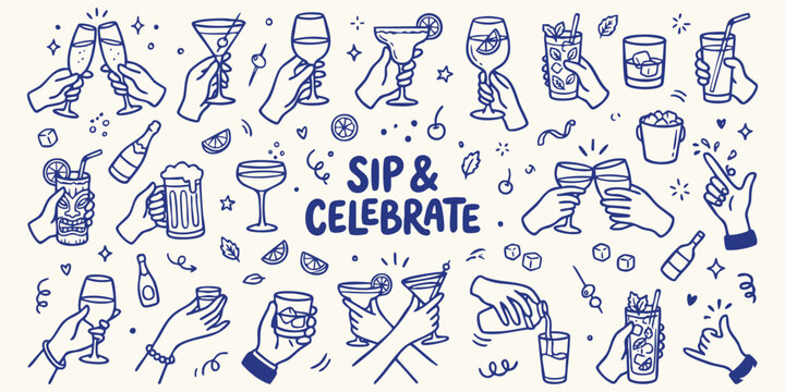Clinking cocktail glasses held by diverse hands during a festive toast against a cream background with blue line drawings celebrating good times and social gatherings