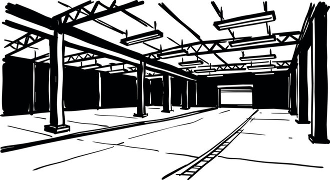 Empty industrial warehouse interior with support columns and ceiling beams