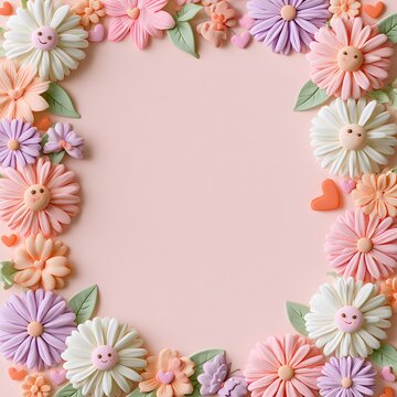 Cute pastel floral stationery frame with adorable smiling daisy flowers, soft polymer clay texture, blush pink background.