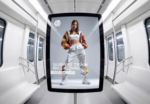 Vertical Billboard in Clean White Subway Train Mockup - Fisheue Front View
