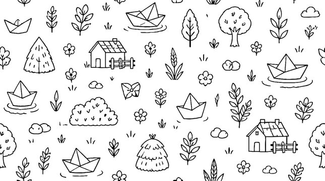Whimsical hand drawn nature and house illustrations.