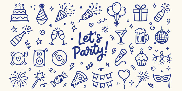 Collection of party elements and text 'Lets Party' in a doodle style on a light background