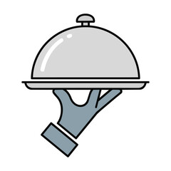 Fototapeta premium Minimalist icon of a gloved hand holding a silver serving tray with a dome cloche cover isolated on white background for hospitality and dining concept