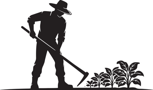 Silhouette of a farmer digging with a hoe, plants