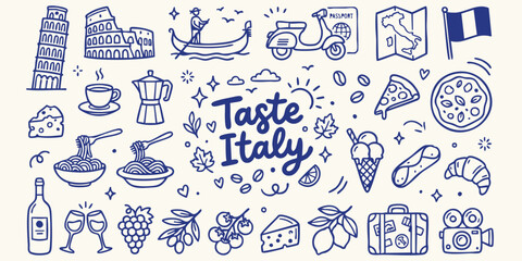 Delightful Italian Doodle Icons with Food and Landmarks on a Light Background for Travel and Culinary Concepts © Ishtiaq