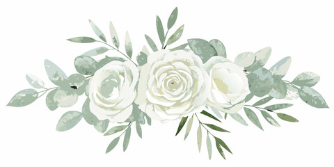 White roses and eucalyptus leaves a watercolor floral arrangement on a white background © Smritykona