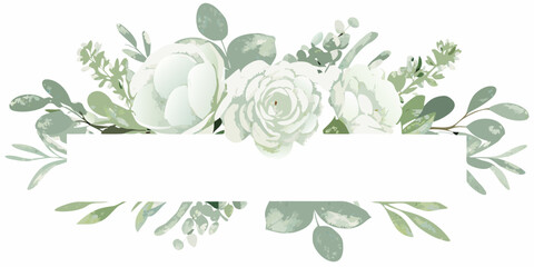 Watercolor floral arrangement with white roses eucalyptus leaves and a blank space © Smritykona