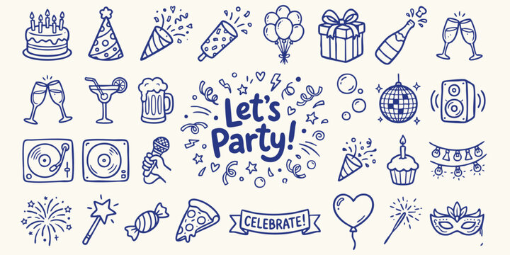 Doodle celebration icons with festive elements and text saying Let's Party during a joyful event