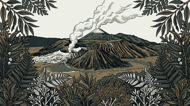 Volcano mountain landscape vector with leaf border and smoke engraving style.