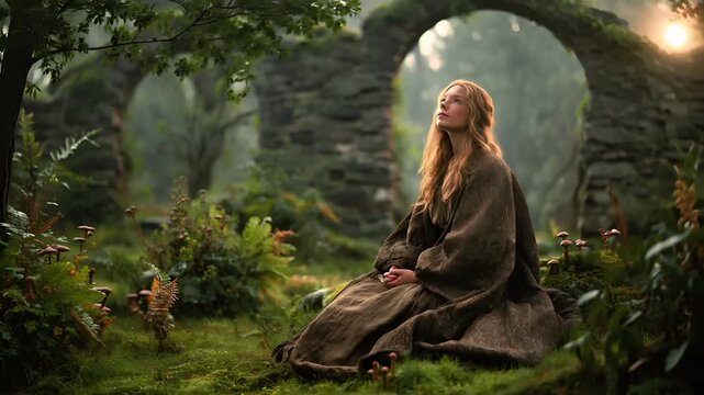 Europe medieval lifestyle. A serene portrayal of a woman seated in a lush, green forest. She wears a textured, earthtoned cloak that billows around her. Her long, wavy hair flows down her back.