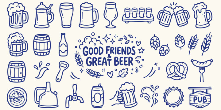 Hand drawn beer elements and text for celebration during summer with light blue color