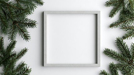 Fototapeta premium Square picture frame with pine branches isolated on white background
