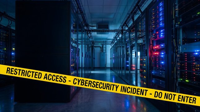 Restricted access tape across data center server room during cybersecurity incident