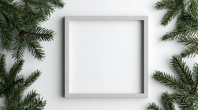 Square picture frame with pine branches isolated on white background