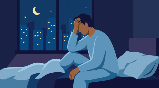 Man unable to sleep, sitting in bed at night, suffering from anxiety