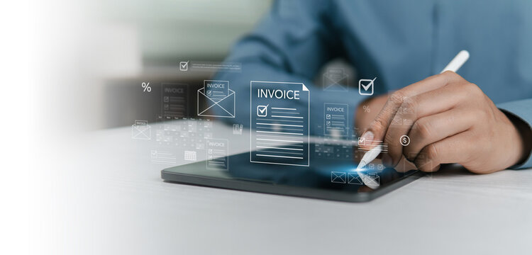 Invoice concept. Digital invoice processing and checklist financial workflow, electronic statements tax accounting solutions. Businessman using laptop to managing payment.