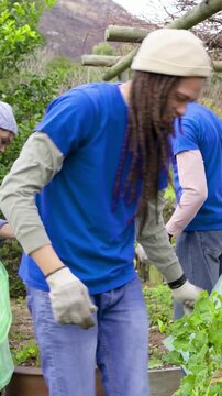 Vertical video: Debris falling man with locs filling green bag in garden in blue shirts, copy space