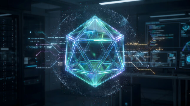Holographic geometric crystal glowing with light in a futuristic data center
