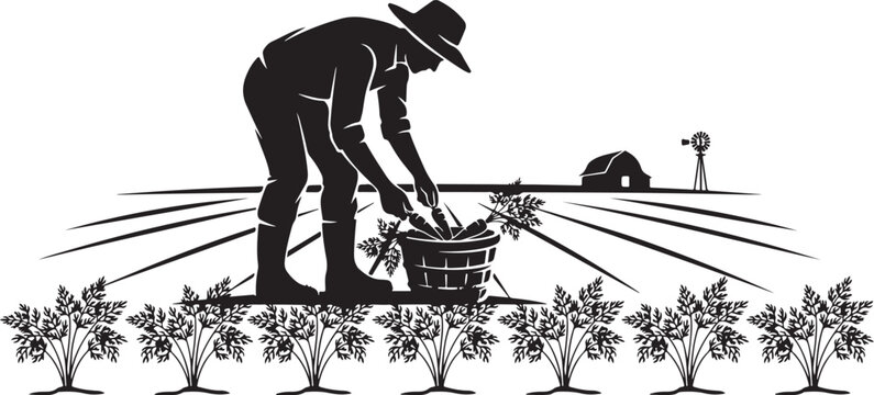 Silhouette of a farmer planting in a field with windmill