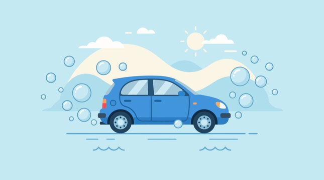 A blue car is being washed with many soap bubbles in a flat design style