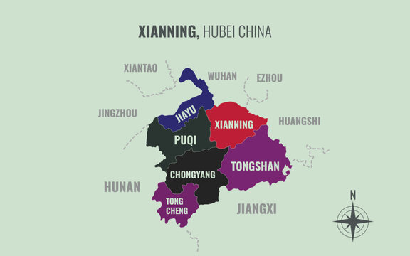 xianning hubei Prefacture into County in a minimalist colorful style map showing