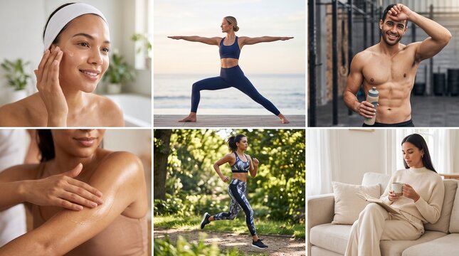 Collage of young people doing yoga and fitness exercises, healthy lifestyle, wellness, gym and beach summer activity, smiling woman workout montage
