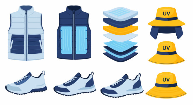 Collection of outdoor apparel including vests, layered clothing, sun hats, and athletic shoes.